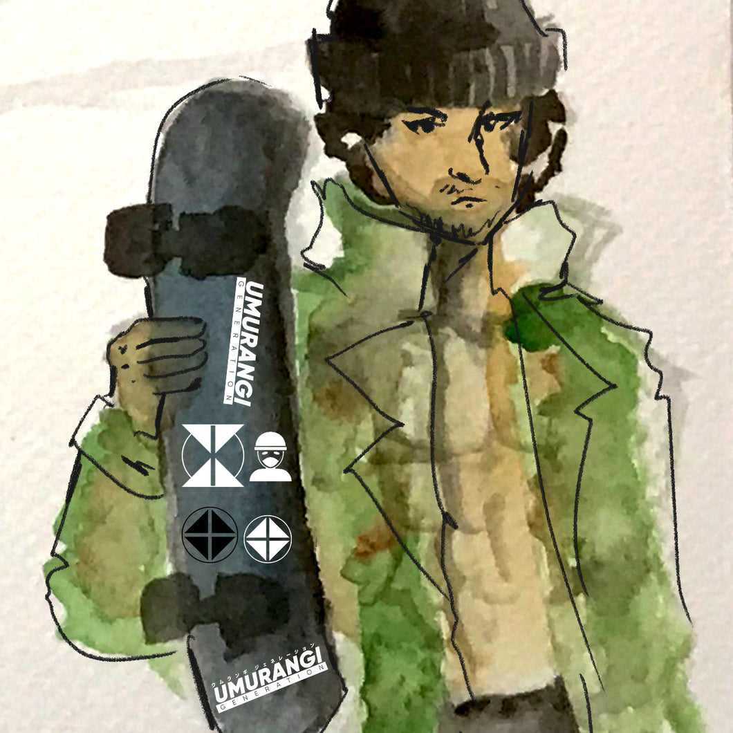 A watercolour image of a character from Umurangi Generation holding a skateboard featuring Umurangi Generation Stickers.